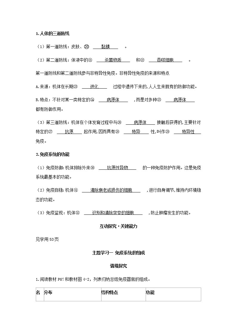 新人教版高中生物选择性必修第一册第4章免疫调节第1节免疫系统的组成和功能学案第3页