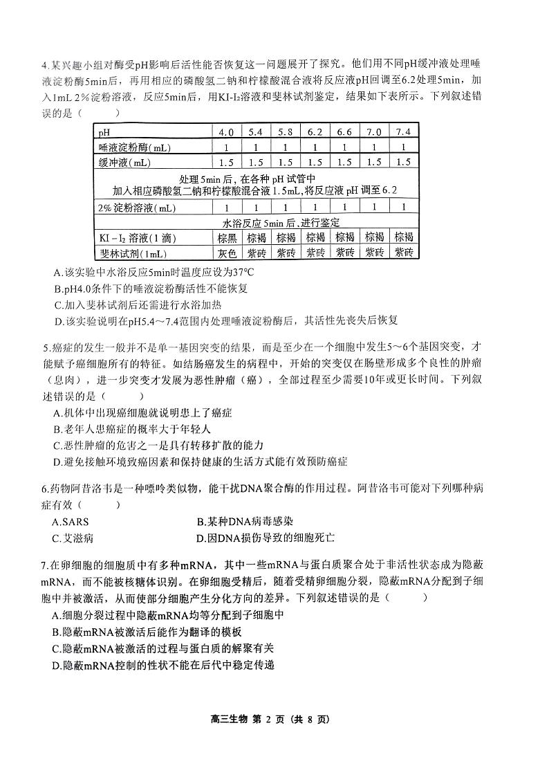 广东省2022年新高考普通高中联合质量测评高三冲刺模拟考试 生物 PDF版试卷第2页