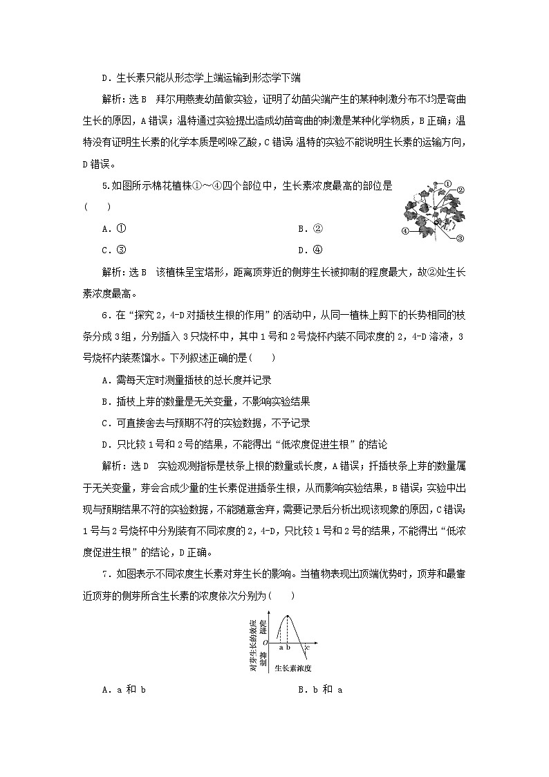 浙科版高中生物选择性必修1课时检测13生长素的发现开启了人类对植物激素调节的探索含解析02