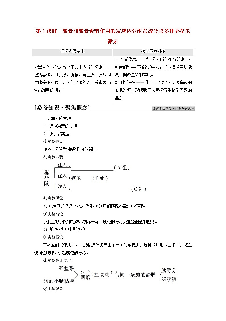 苏教版高中生物选择性必修1第一章人体稳态维持的生理基础第2节第1课时激素和激素调节作用的发现内分泌系统分泌多种类型的激素学案01