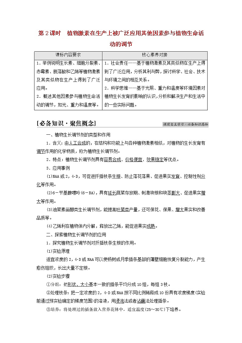 苏教版高中生物选择性必修1第四章植物生命活动的调节第2节第2课时植物激素在生产上被广泛应用其他因素参与植物生命活动的调节学案01