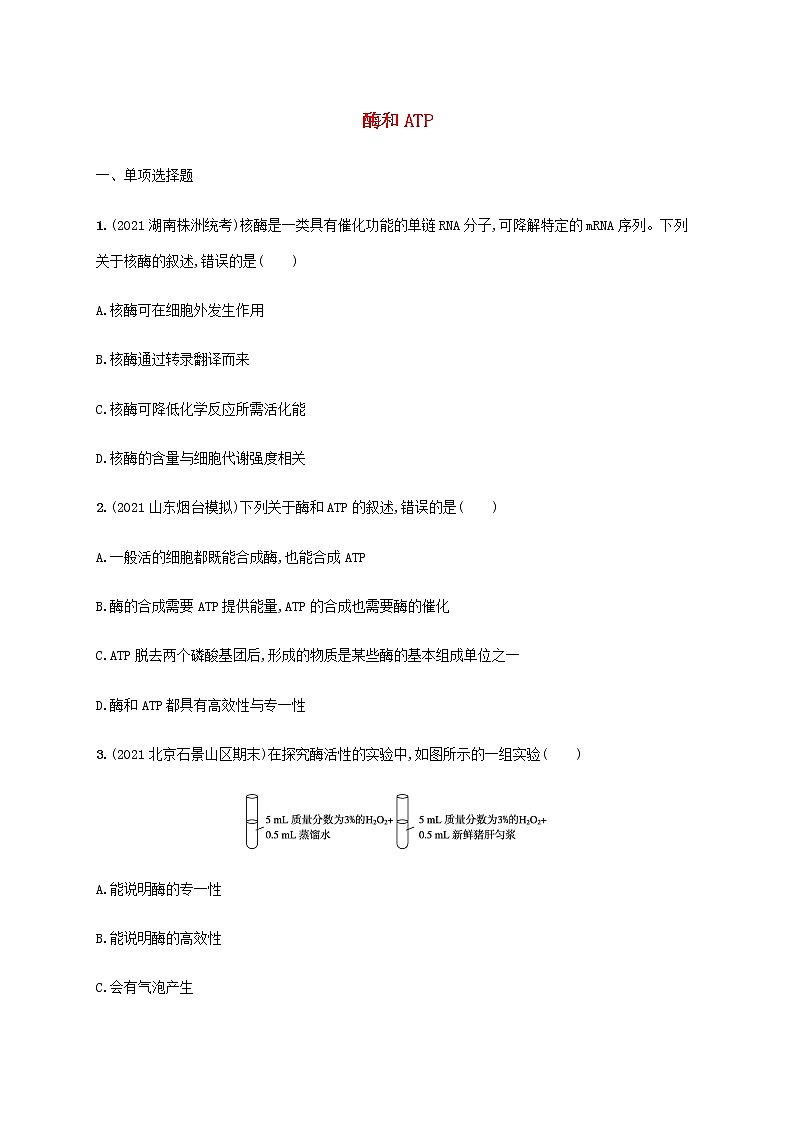 高考生物二轮复习专题突破练3酶和ATP含解析01