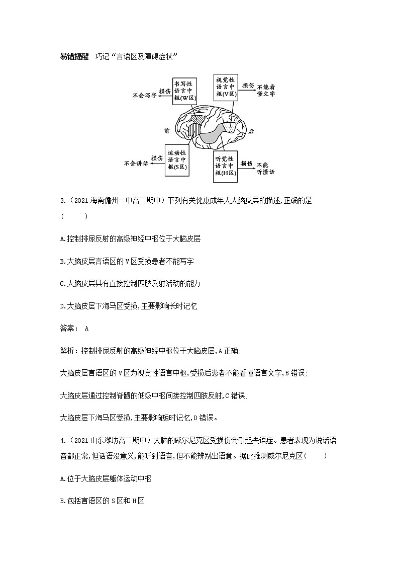 新人教版高中生物选择性必修第一册第2章神经调节第5节人脑的高级功能作业含解析第2页