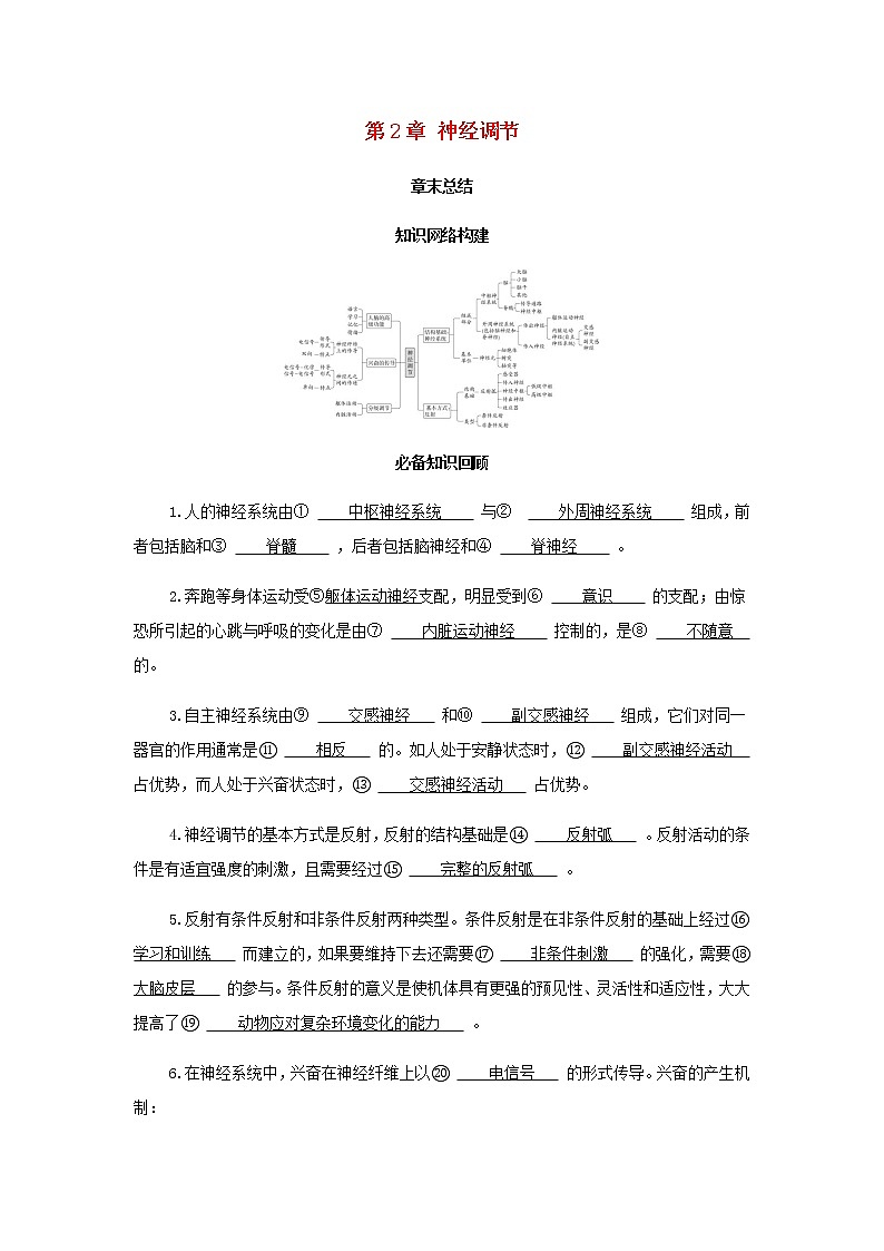 新人教版高中生物选择性必修第一册第2章神经调节章末总结学案01