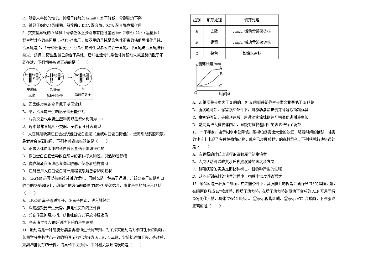 生物（新高考）2022届高三第三次模拟考试卷 （四） 学生版第2页