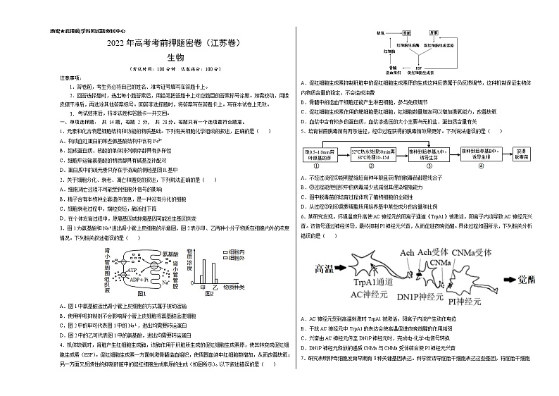 生物-2022年高考考前押题密卷（江苏卷）（A3考试版）第1页