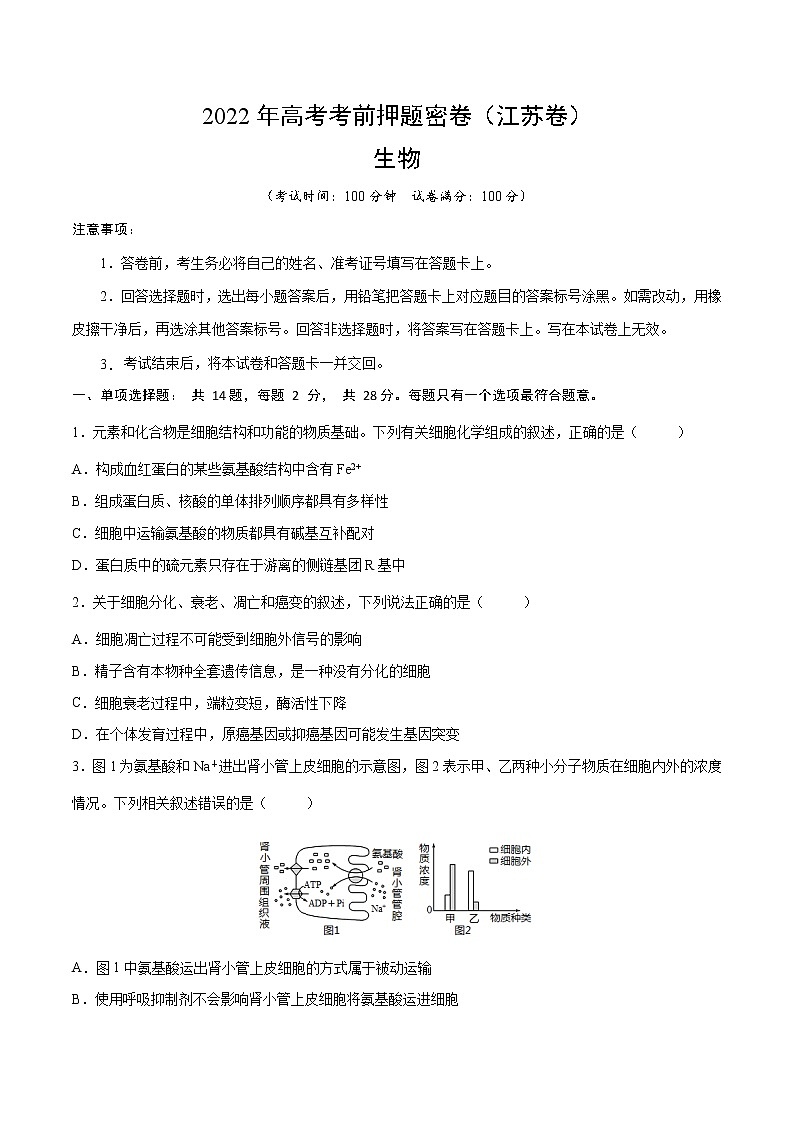 生物-2022年高考考前押题密卷（江苏卷）（A4考试版）01