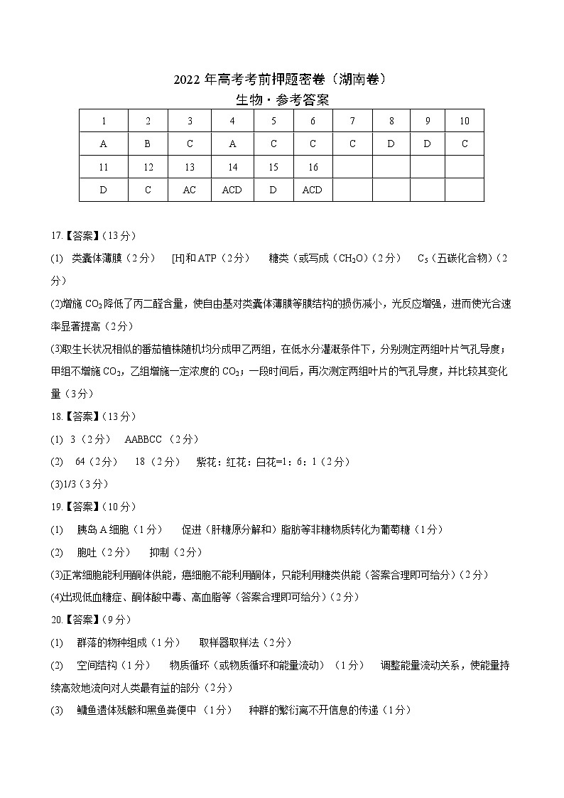 生物-2022年高考考前押题密卷（湖南卷）（参考答案）01