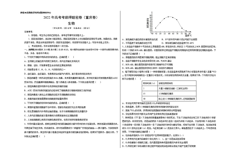 生物-2022年高考考前押题密卷（重庆卷）（A3考试版）第1页