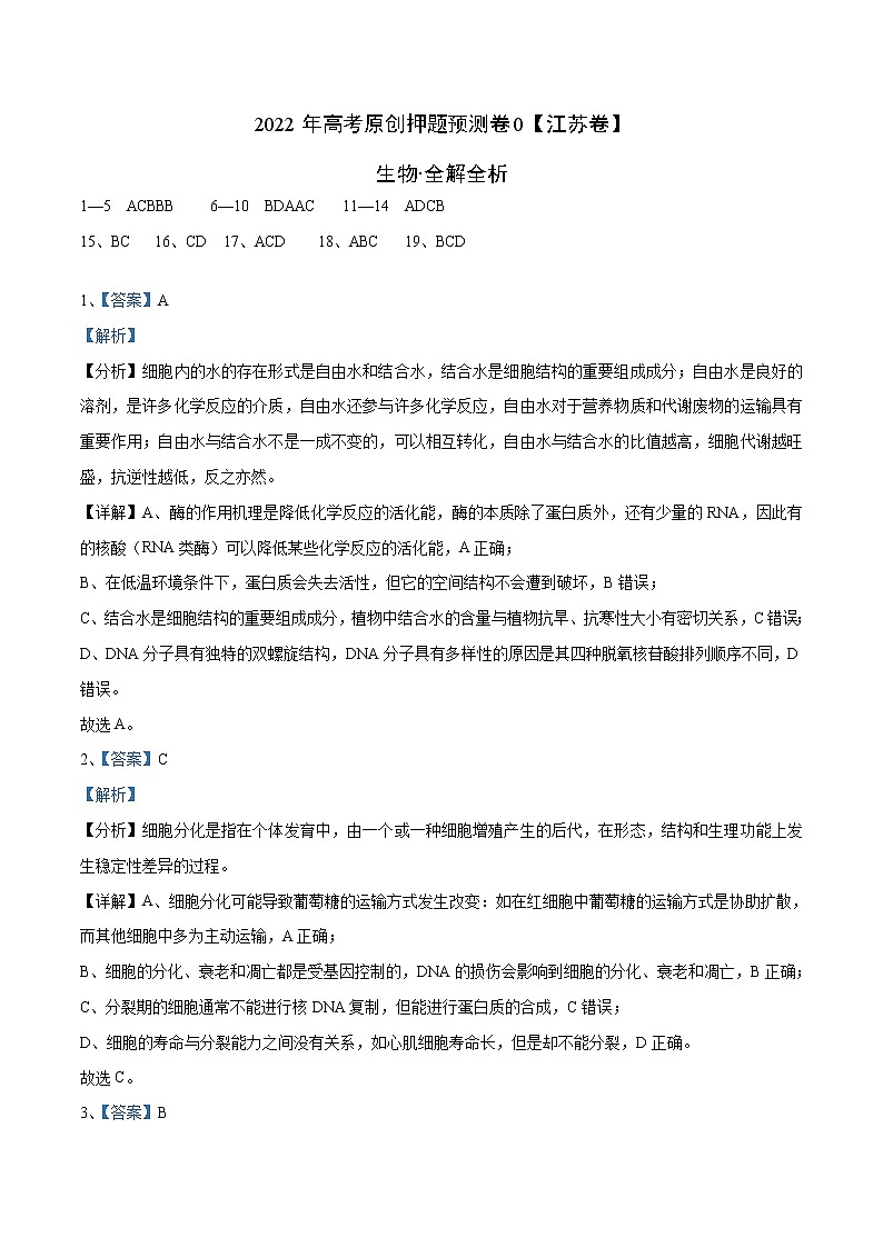 2022年高考押题预测卷03（江苏卷）-生物（全解全析）第1页