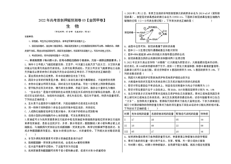 2022年高考押题预测卷03（全国甲卷）-生物（考试版）第1页