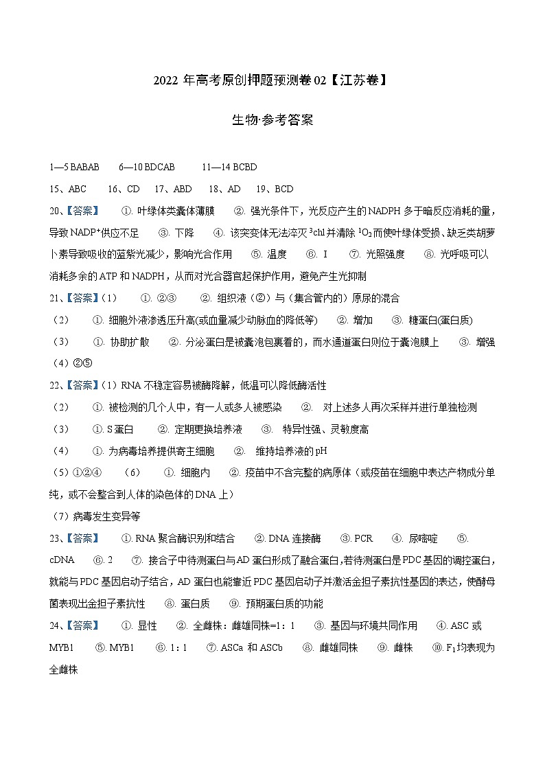 2022年高考押题预测卷02（江苏卷）-生物（参考答案）第1页