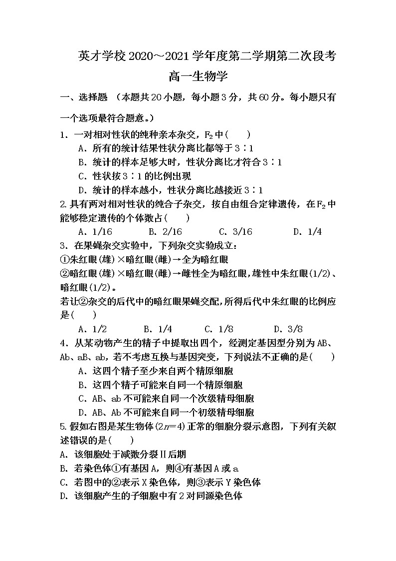 2021东莞新世纪英才学校高一下学期第二次段考生物试卷含答案01