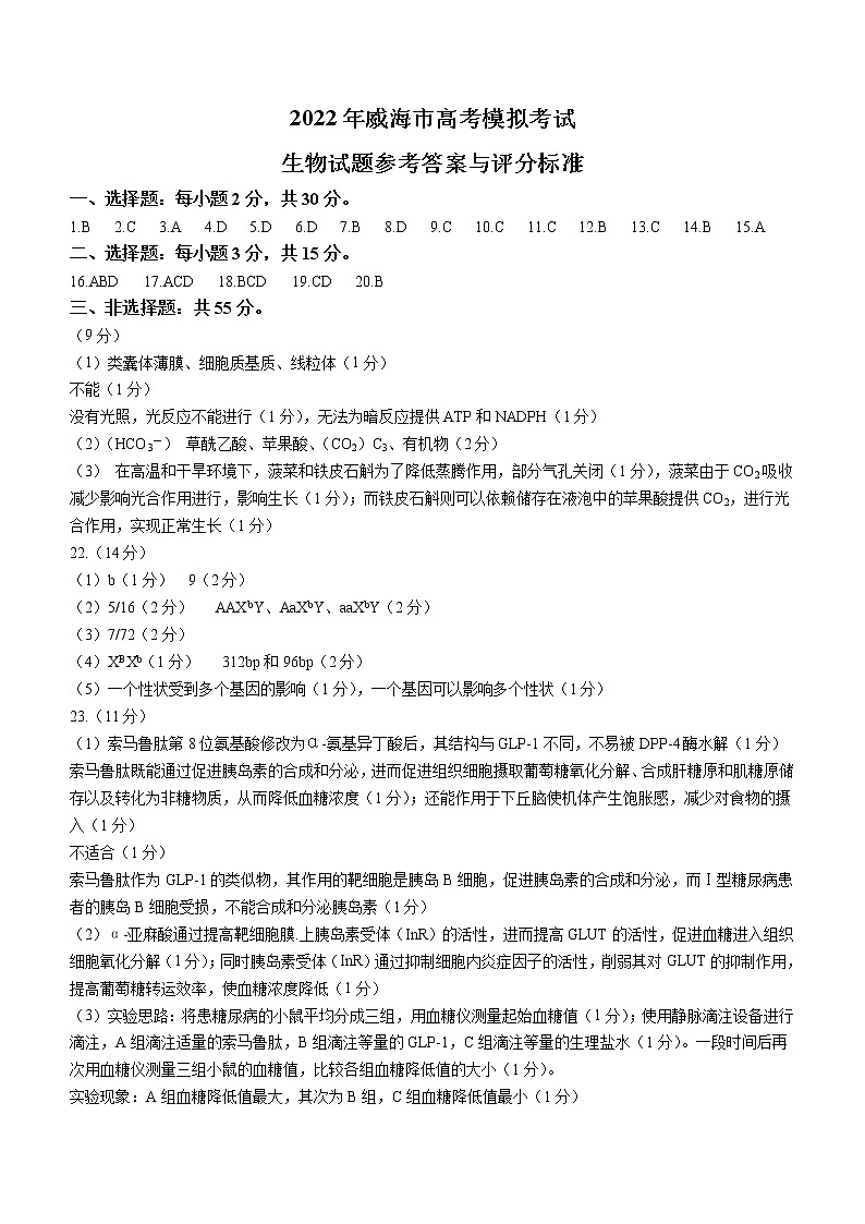 2022届山东省威海市高三二模生物卷及答案（文字版）01