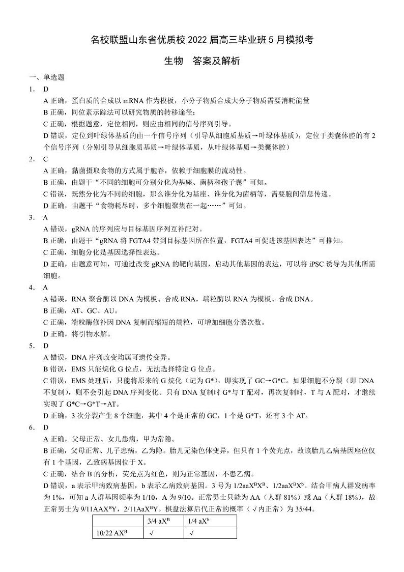 名校联盟山东省优质校 22 届高三毕业班 5 月模拟考 生物试题及答案01