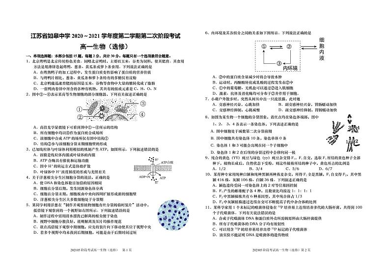 2021南通如皋中学高一下学期第二次阶段考试生物试题PDF版含答案01