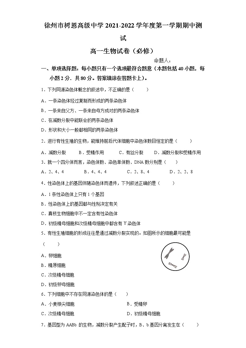 江苏省沛县树恩中学2021-2022学年高一下学期期中生物试卷（必修）（含答案）第1页