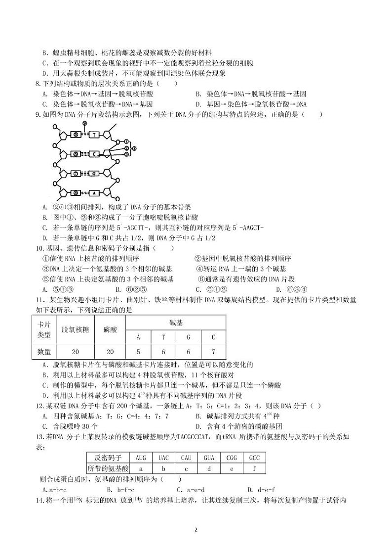 2021山东师大附中高一下学期期中学分认定考试生物试题PDF版含答案02