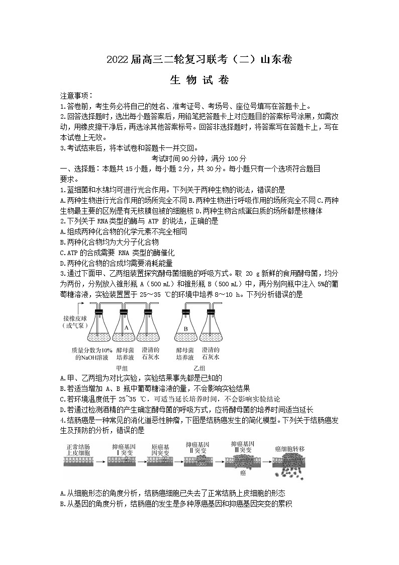 山东省2022届高三下学期二轮复习联考（二）+生物 无答案第1页