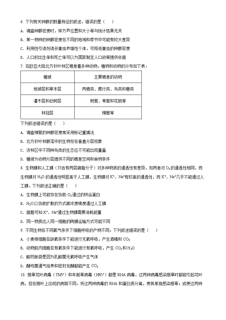 精品解析：海南省2021-2022学年高三下学期学业水平诊断（三）生物试题（原卷版）02
