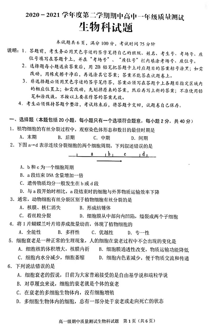 2021广东省普宁市高一下学期期中考试生物试题扫描版含答案01