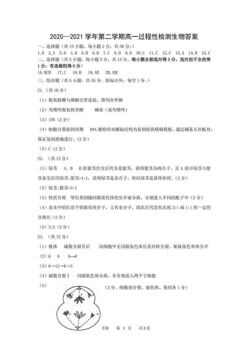 2020-2021第二学期高一生物答案第1页