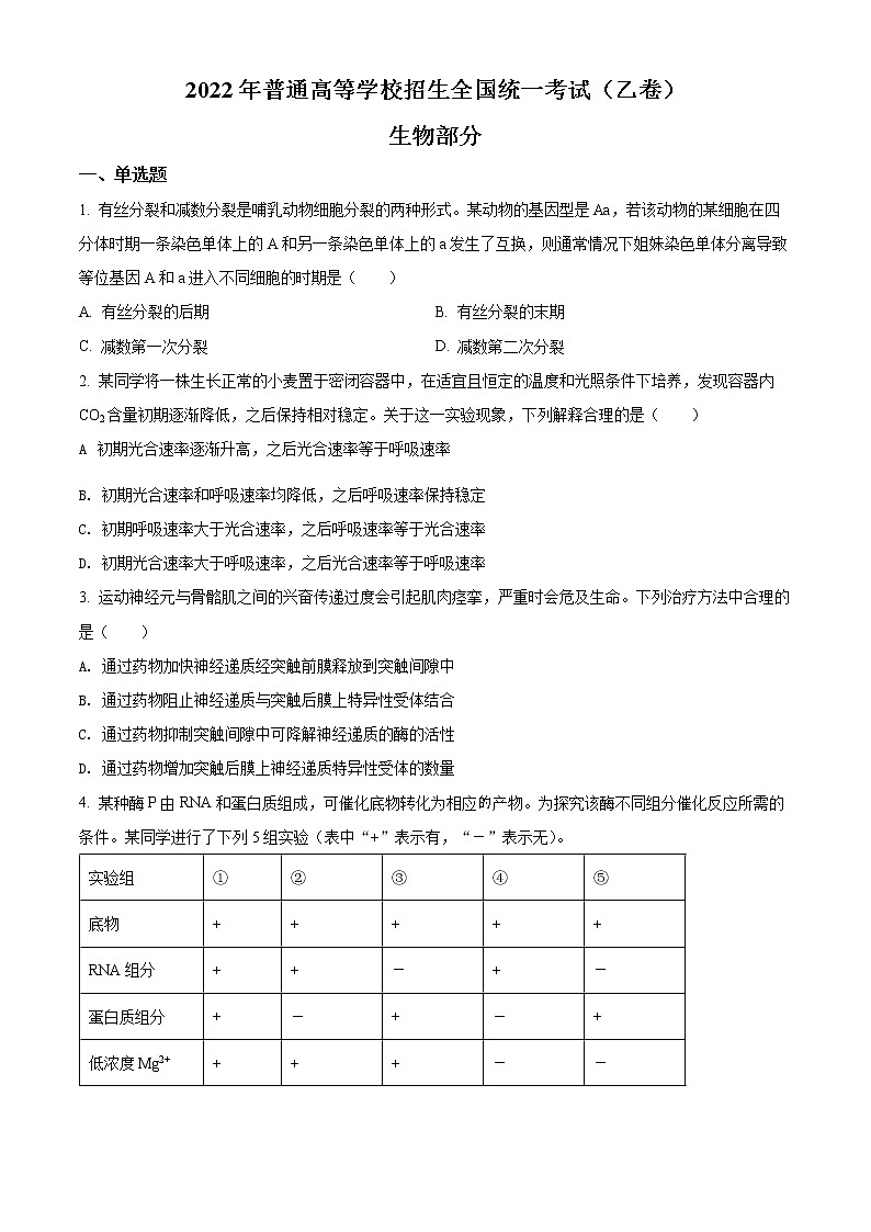 2022年高考全国乙卷 生物卷及答案解析（原卷+解析卷）01