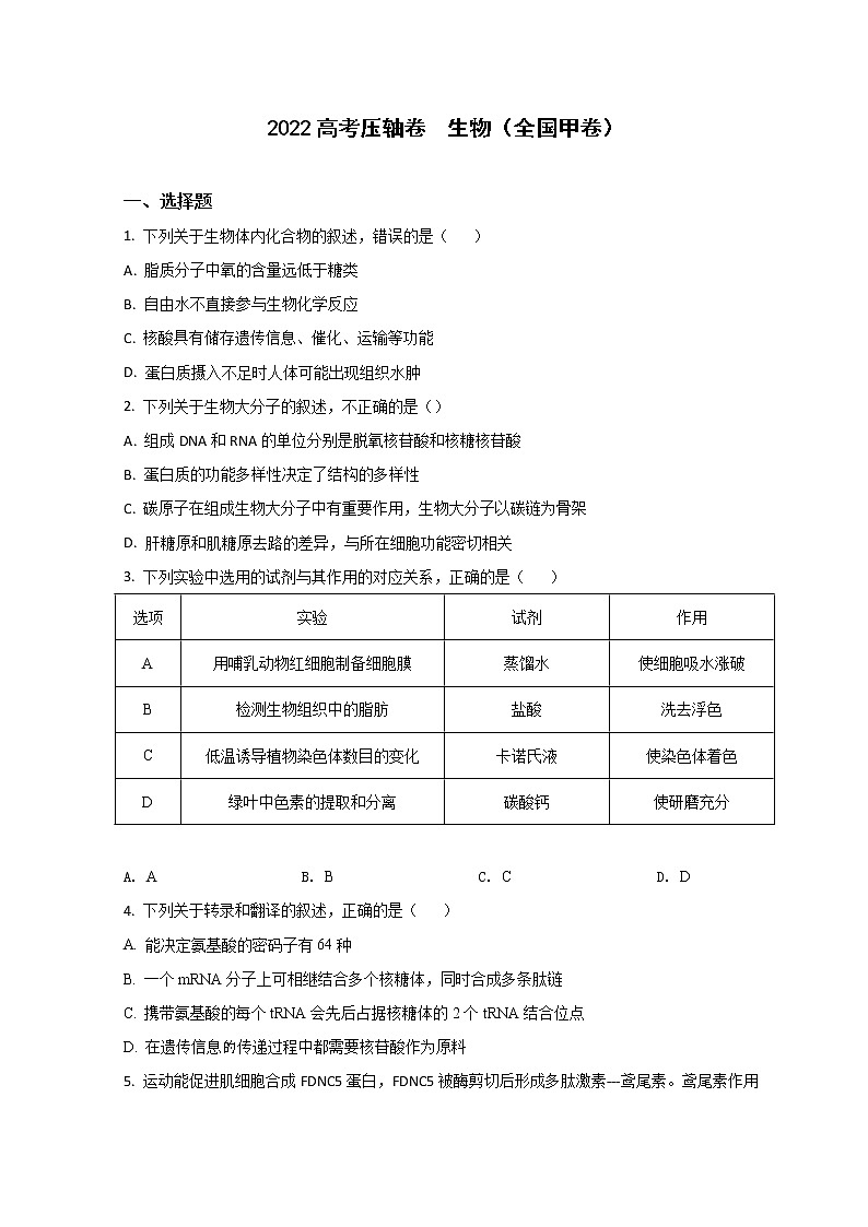 2022高考压轴卷  生物（全国甲卷） Word版含解析第1页
