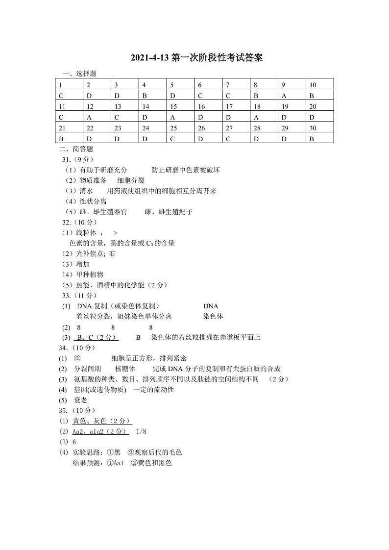 2021大庆铁人中学高一下学期第一次月考试题（4月）生物PDF版含答案01