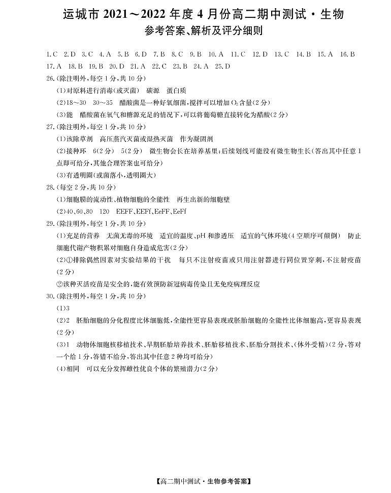 山西省运城市高中联合体2021-2022学年高二下学期期中测试生物试题PDF版答案第1页