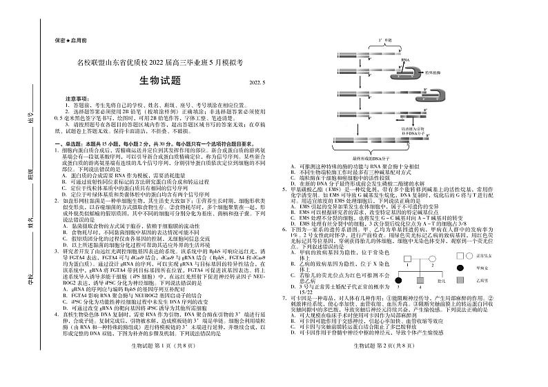 2022年名校联盟山东省优质校高三毕业班5月模拟生物试题含答案第1页