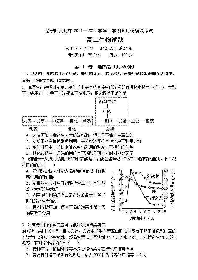 辽宁师大附中2021-2022学年高二下学期5月模块考试 生物 Word版含答案第1页