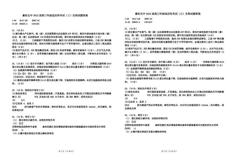 2022届湖北省襄阳市第五中学高三适应性考试（三）生物试卷试题PDF版含答案01