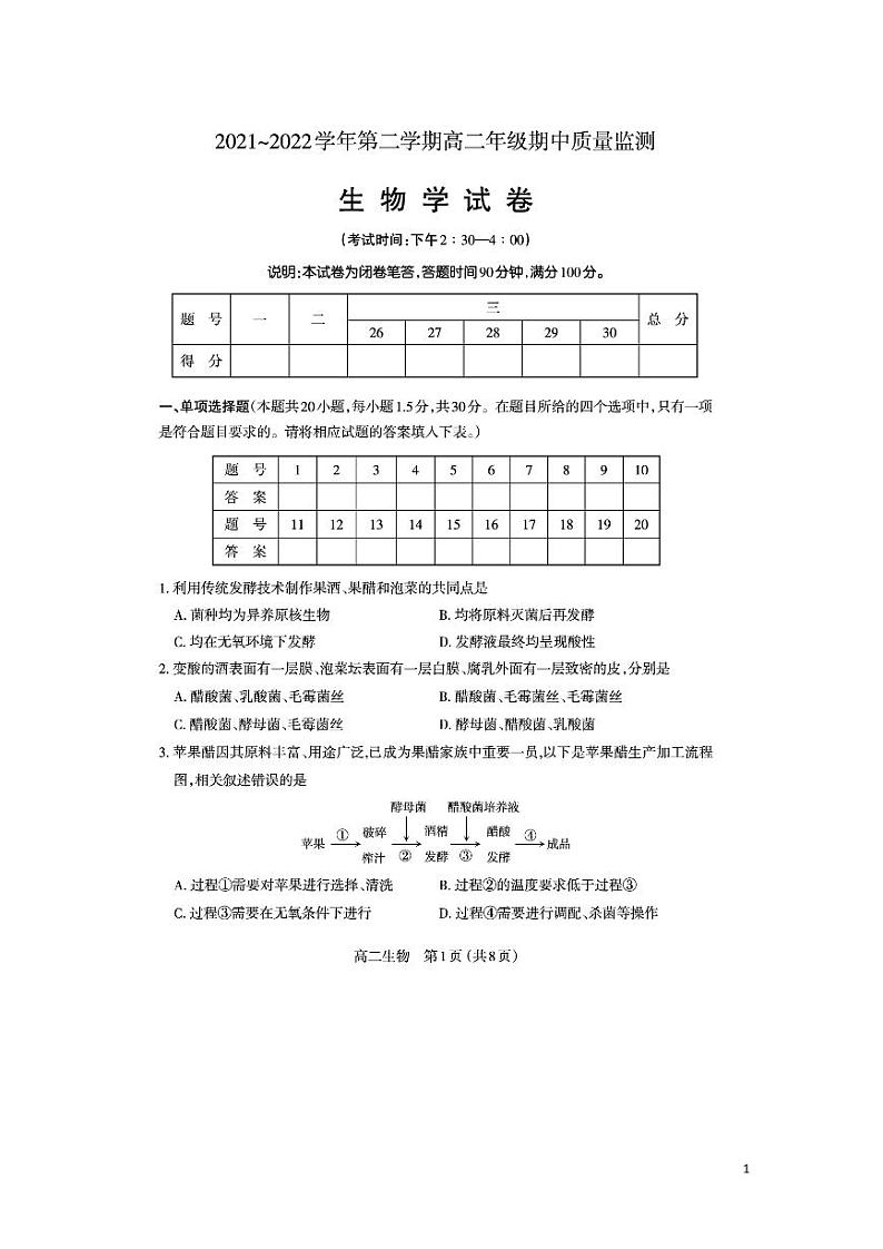 2021-2022学年山西省太原市高二下学期期中质量监测生物试题（PDF版）第1页