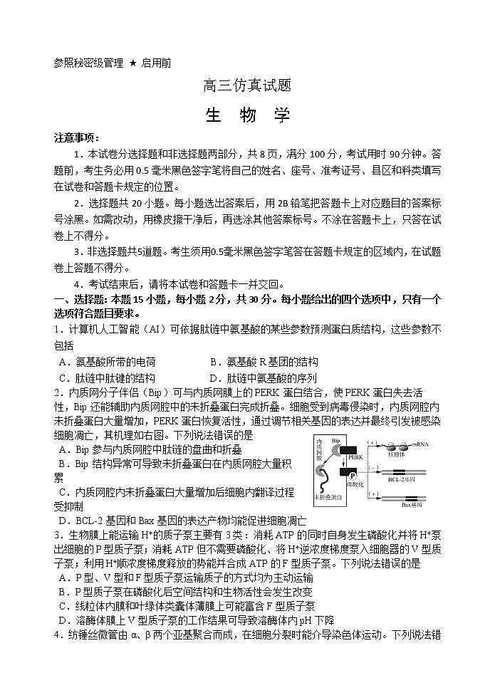 2022淄博高三下学期仿真试题（三模）生物含答案01