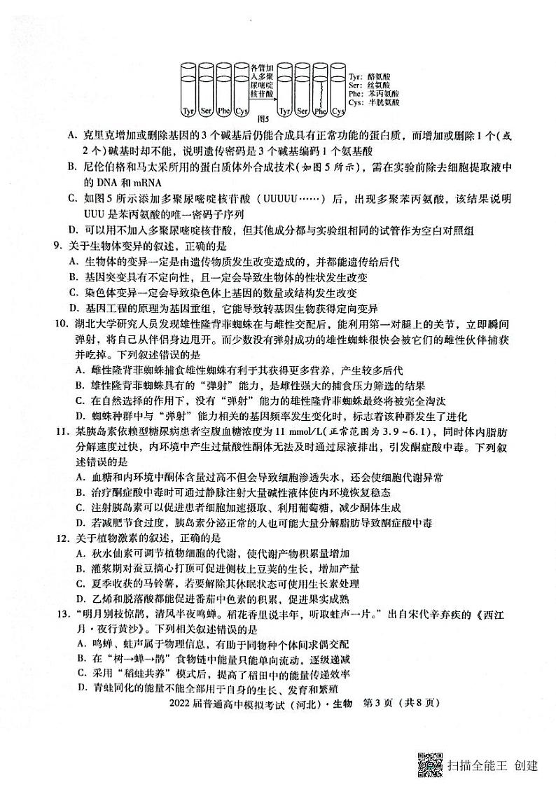 2022届河北省石家庄市部分学校高三下学期5月模拟考试生物试题PDF版含答案03
