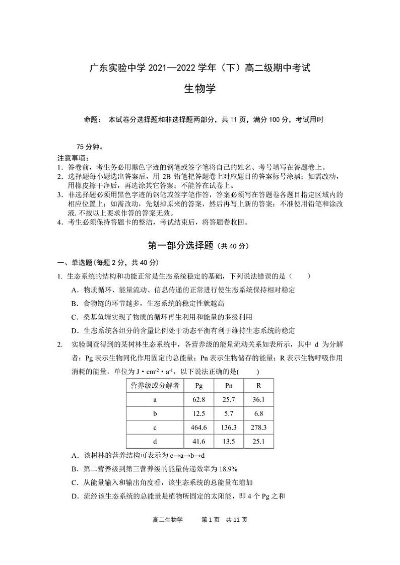 2021-2022学年广东实验中学高二下学期期中考试生物PDF版含答案01