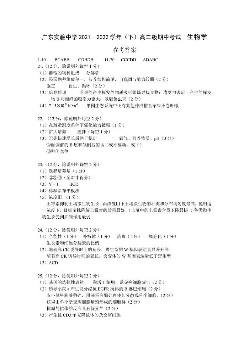 2021-2022学年广东实验中学高二下学期期中考试生物PDF版含答案01