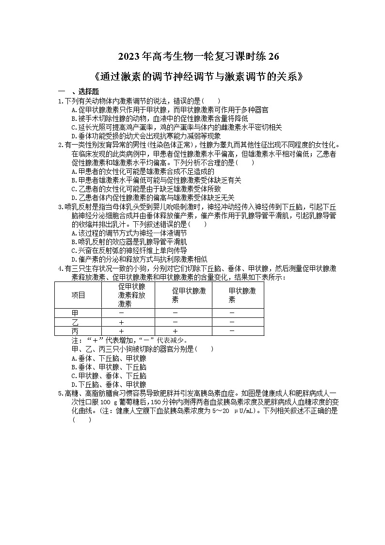 2023年高考生物一轮复习课时练26《通过激素的调节神经调节与激素调节的关系》(含答案)01