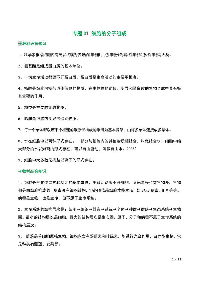 高考生物必备专题知识清单+思维导图第1页