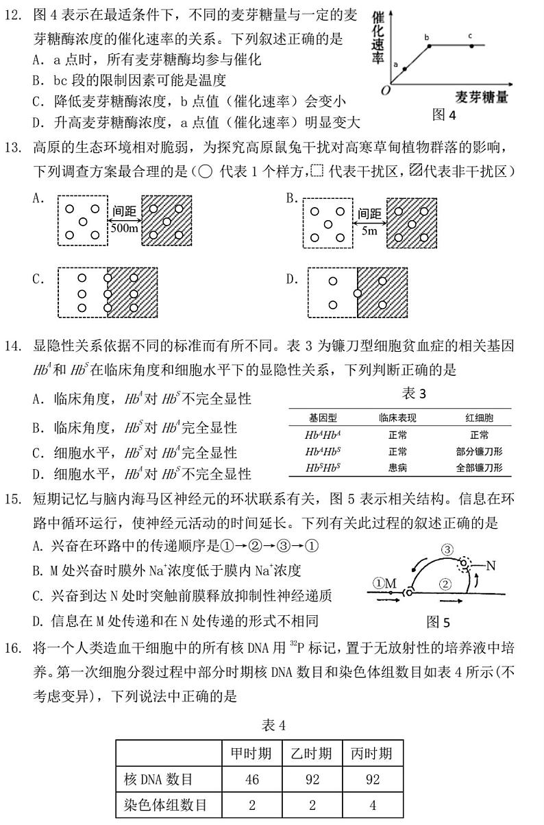 2022届上海市金山区高二（高三）等级考二模生物试题（含答案）03