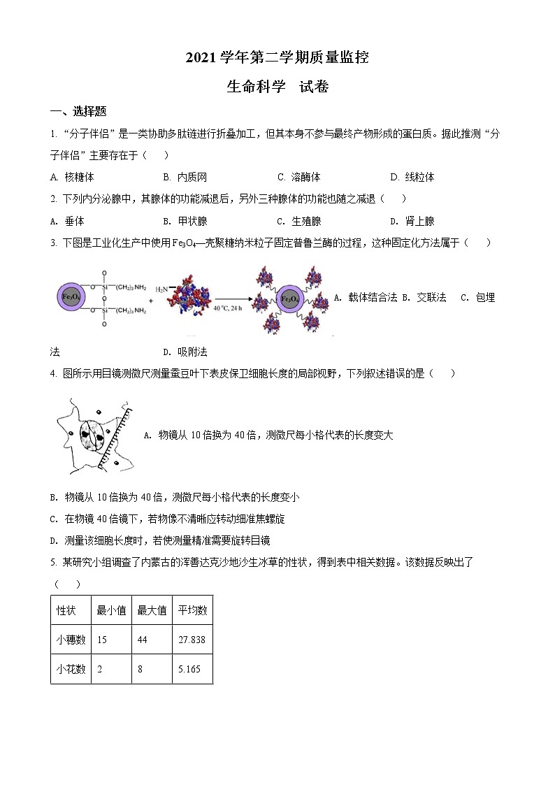 2022年上海市金山区高三等级考二模生物试题（含详解）01