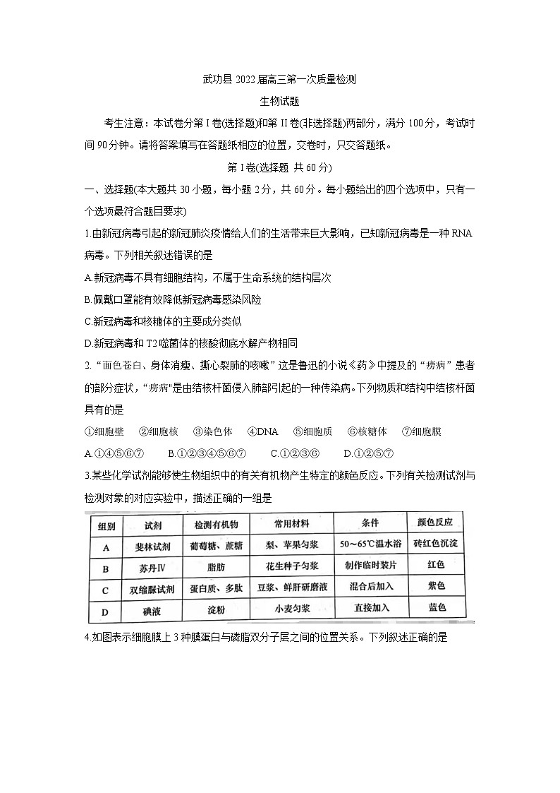 2022咸阳武功县高三上学期第一次质量检测生物含答案第1页