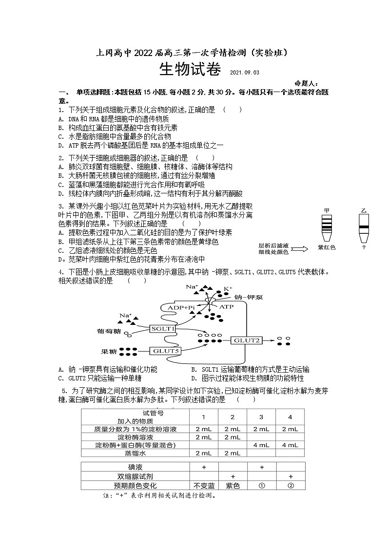2022盐城上冈高级中学高三上学期第一次学情检测（实验班）生物试题含答案第1页