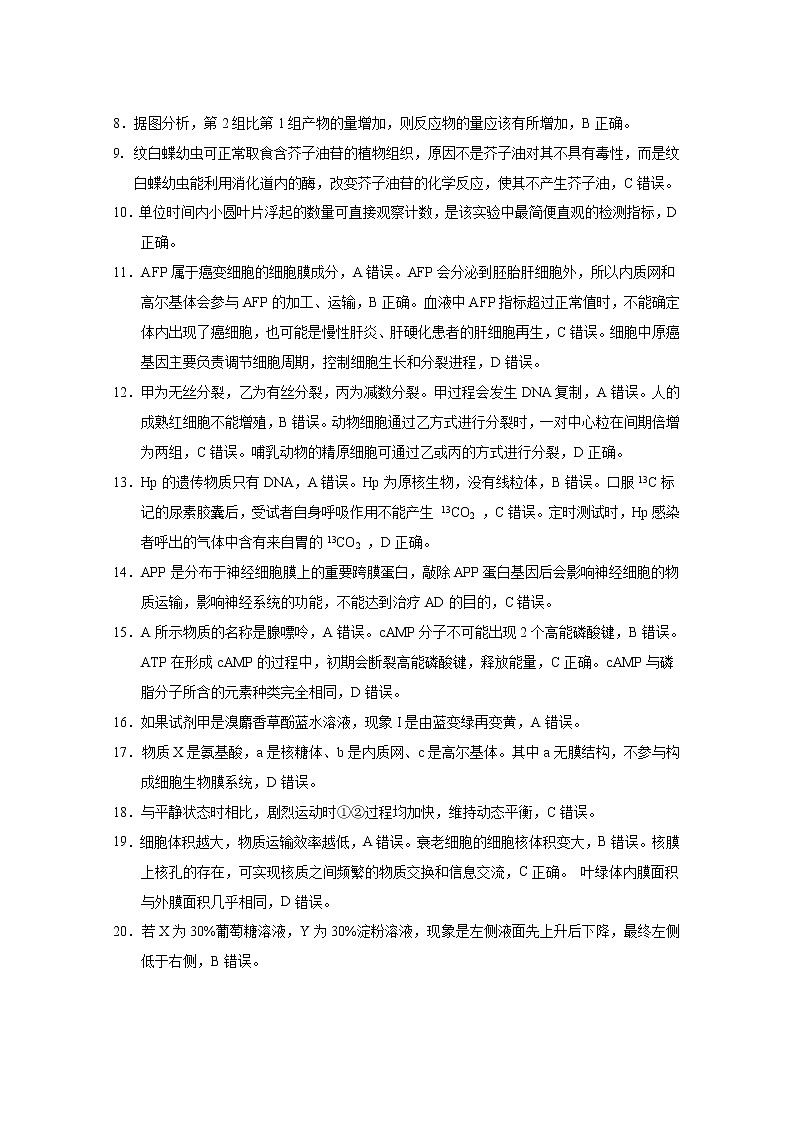 巴蜀中学2022届高考适应性月考卷（一）生物-答案第2页