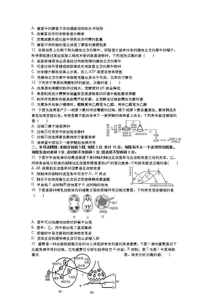 2022江苏省如皋中学高三上学期期初测试生物试题含答案03