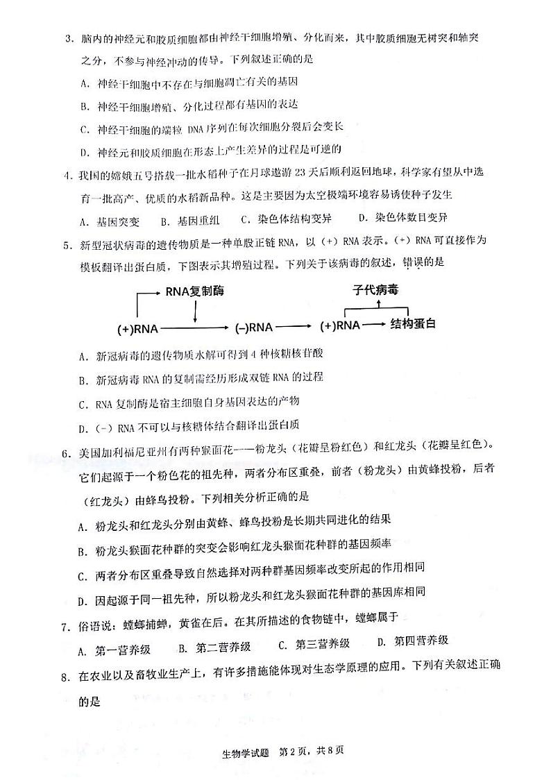 2022广东省高三上学期8月综合能力测试（一）生物试题.8.28扫描版含答案第2页