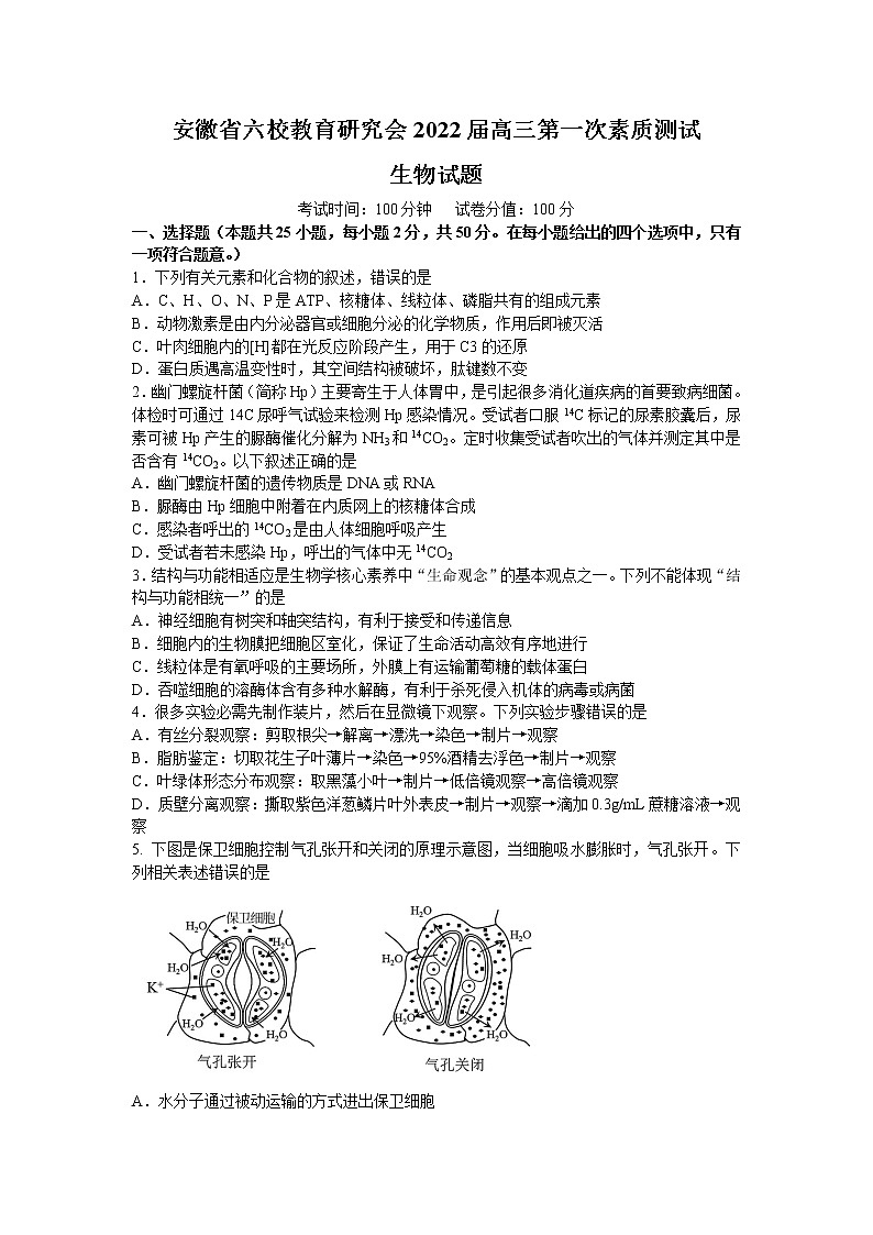 2022安徽省六校教育研究会高三上学期8月第一次素质测试生物试题含答案01