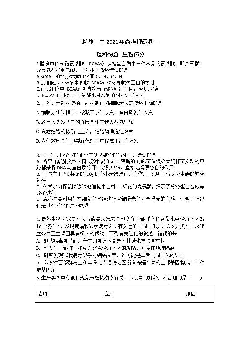 2021南昌新建区一中高三高考押题卷（一）生物试卷含答案第1页