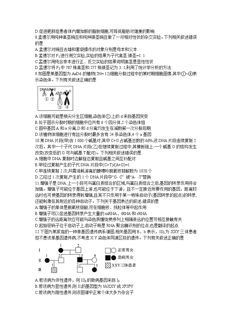 安徽省合肥市第六中学2022届高三上学期6月月考生物试题 Word版第3页